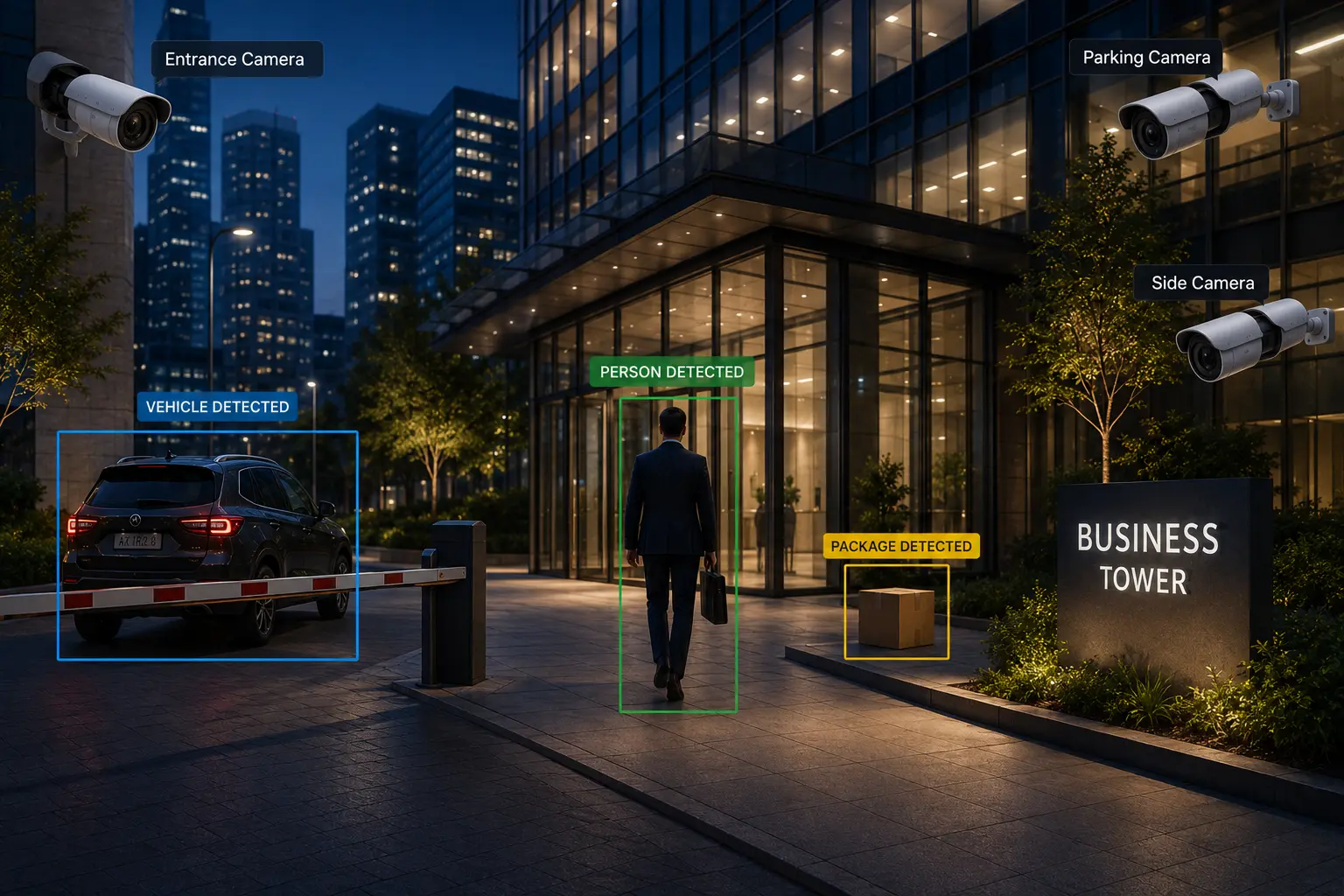 AI-powered commercial CCTV security system detecting person, vehicle, and package at a business tower entrance