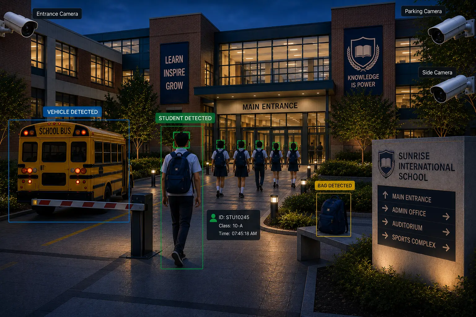 AI-powered campus CCTV security system detecting person, school bus, and bag at a school main entrance