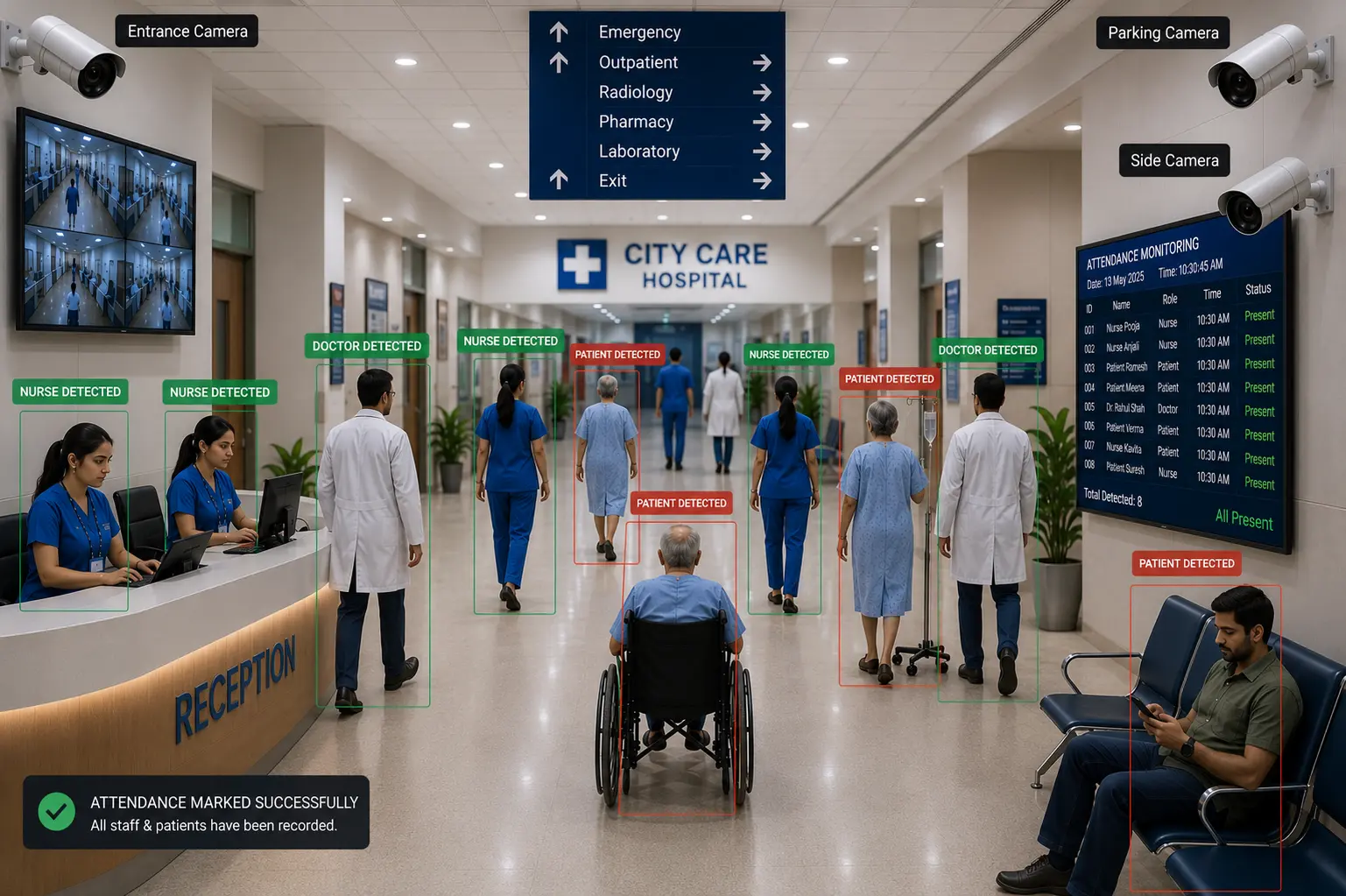 AI-powered hospital CCTV security system detecting person and vehicle at a hospital main entrance