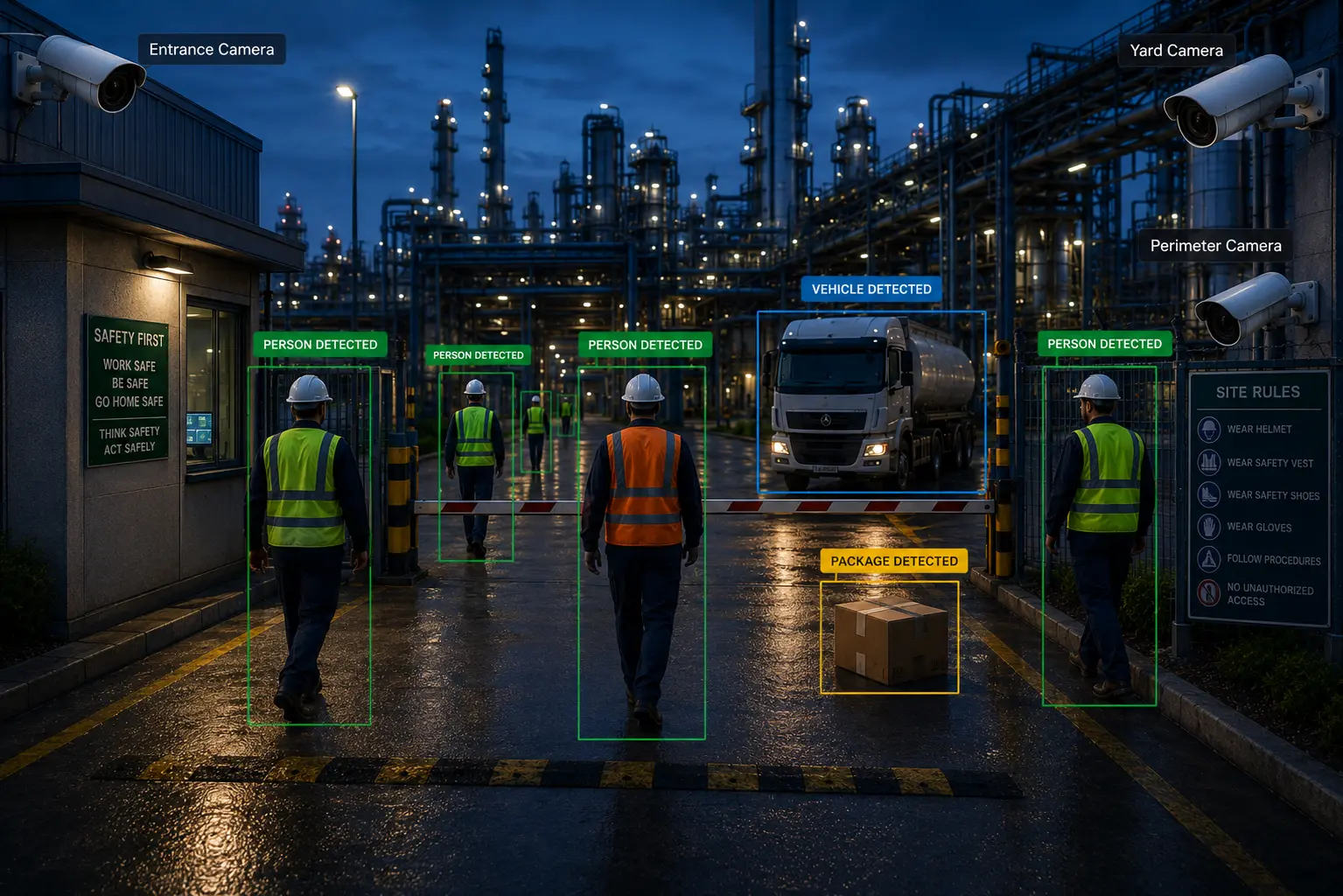 AI-powered industrial CCTV security system detecting person and vehicle at a factory perimeter gate