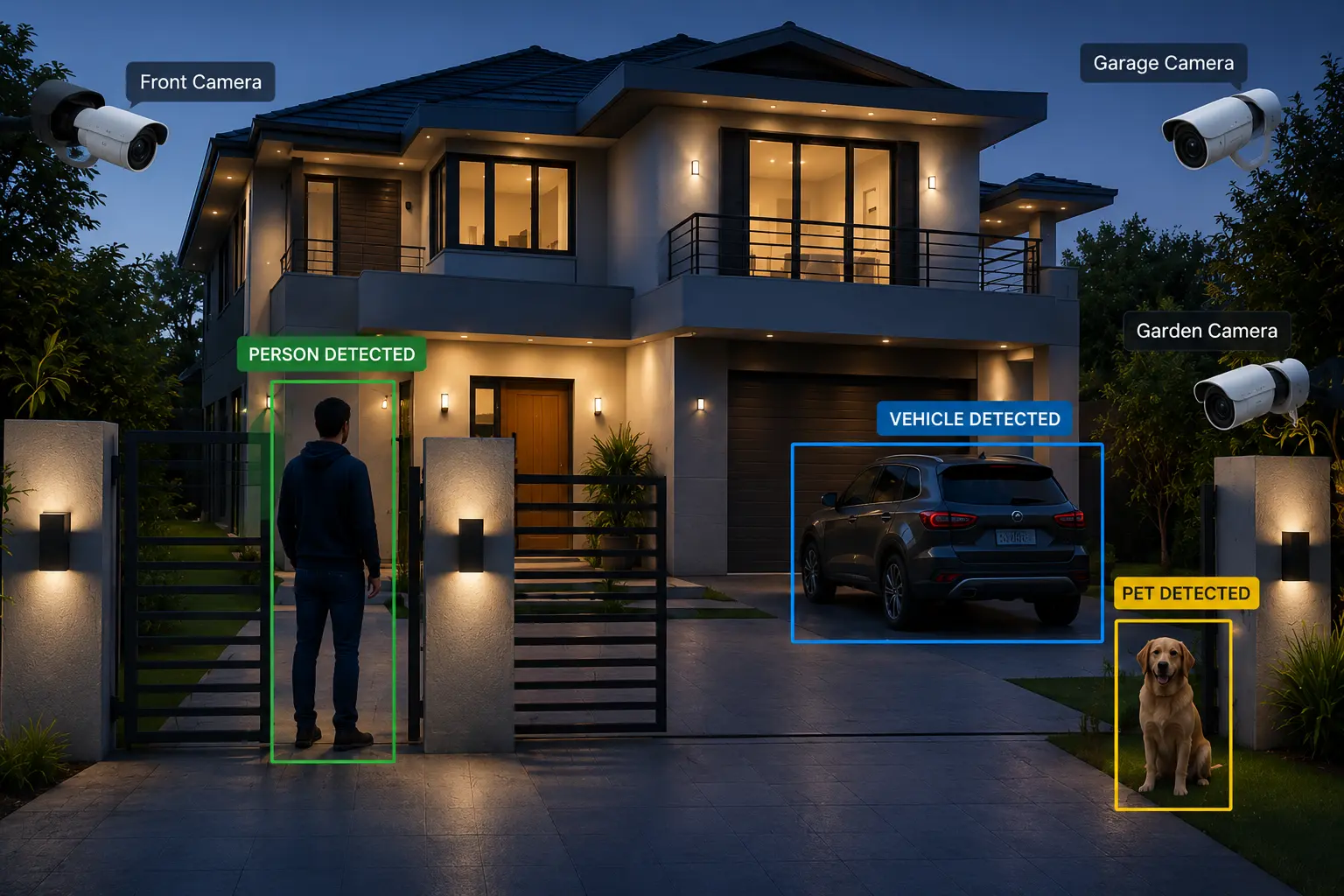 AI-powered residential CCTV security system detecting person, vehicle, and pet at a smart home entrance