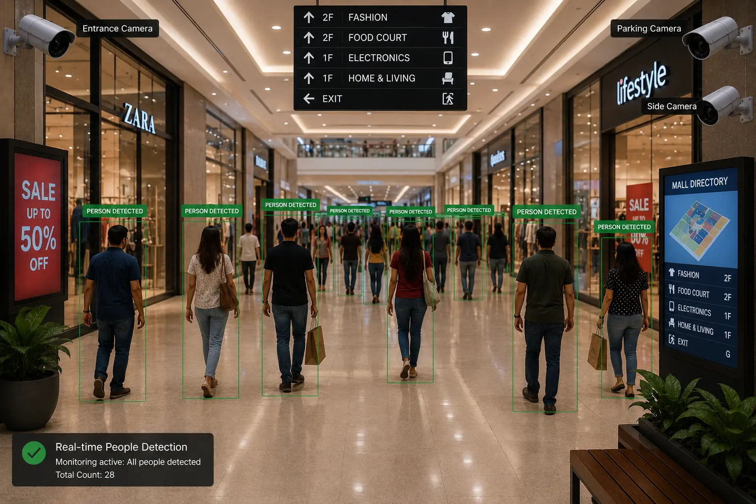 AI-powered retail CCTV security system detecting person, vehicle, and package outside a retail storefront